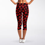 Red And Black Paw Pattern Print Women's Capri Leggings
