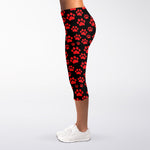Red And Black Paw Pattern Print Women's Capri Leggings
