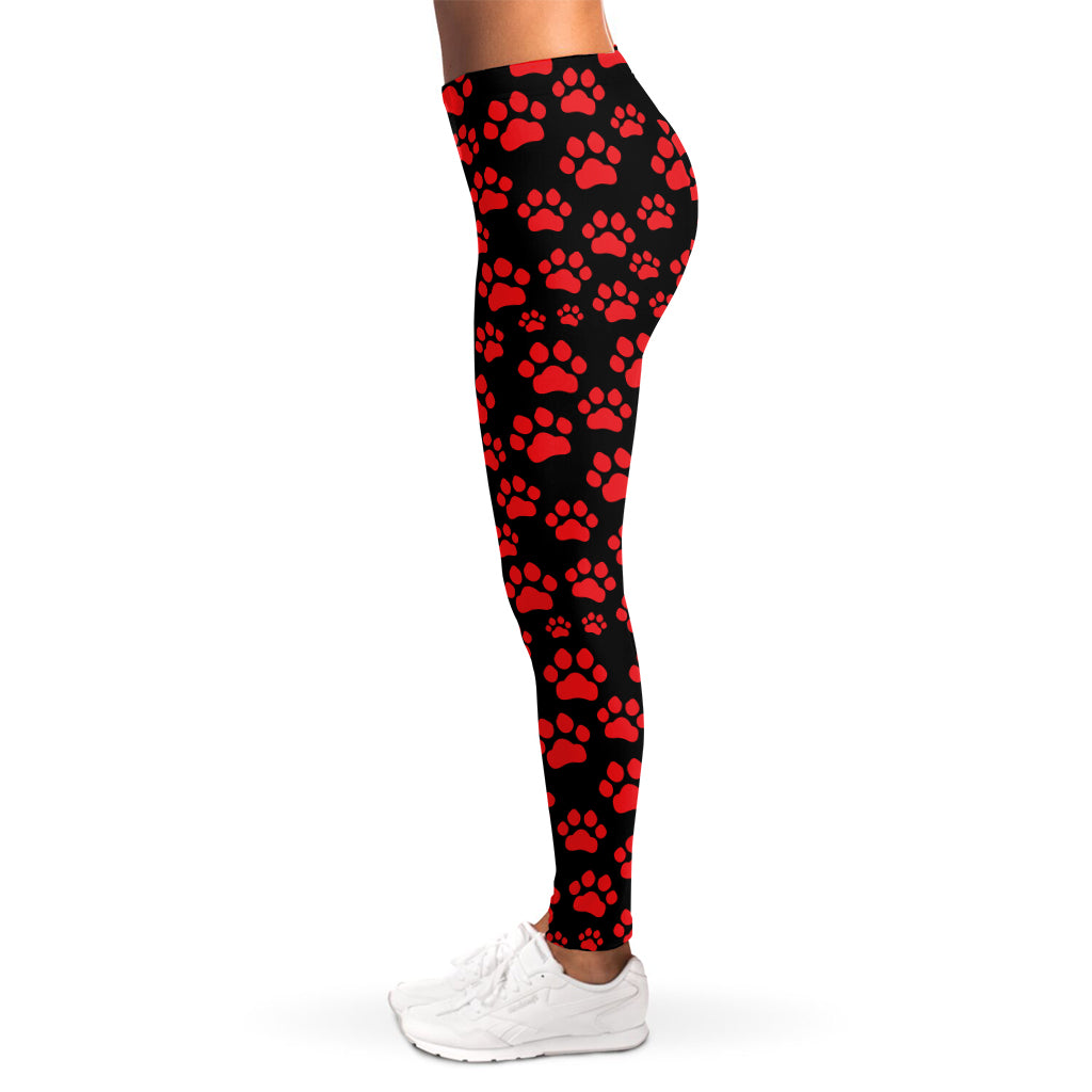 Red And Black Paw Pattern Print Women's Leggings