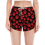 Red And Black Paw Pattern Print Women's Split Running Shorts