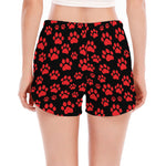 Red And Black Paw Pattern Print Women's Split Running Shorts