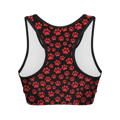 Red And Black Paw Pattern Print Women's Sports Bra