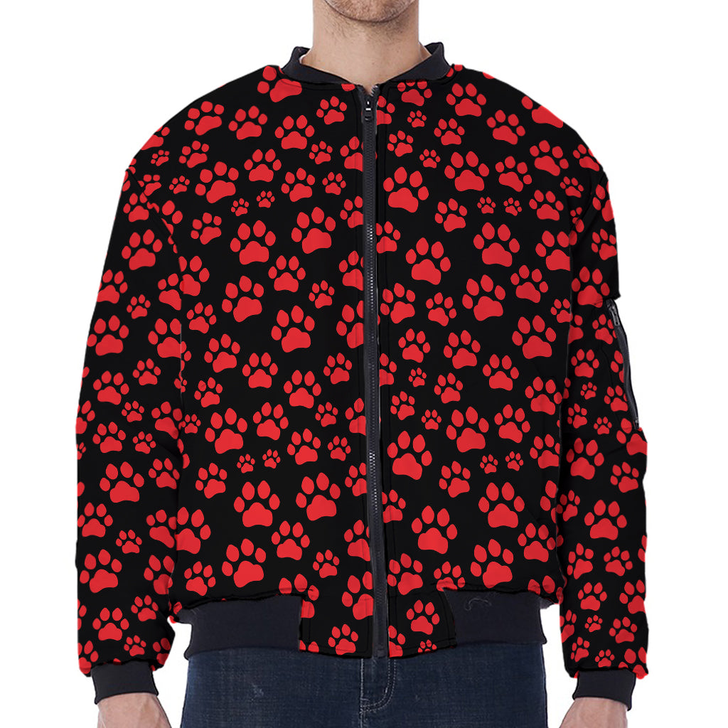 Red And Black Paw Pattern Print Zip Sleeve Bomber Jacket