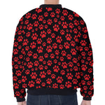 Red And Black Paw Pattern Print Zip Sleeve Bomber Jacket