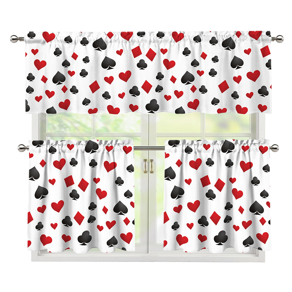 Red And Black Playing Card Suits Print 3 Piece Kitchen Curtains