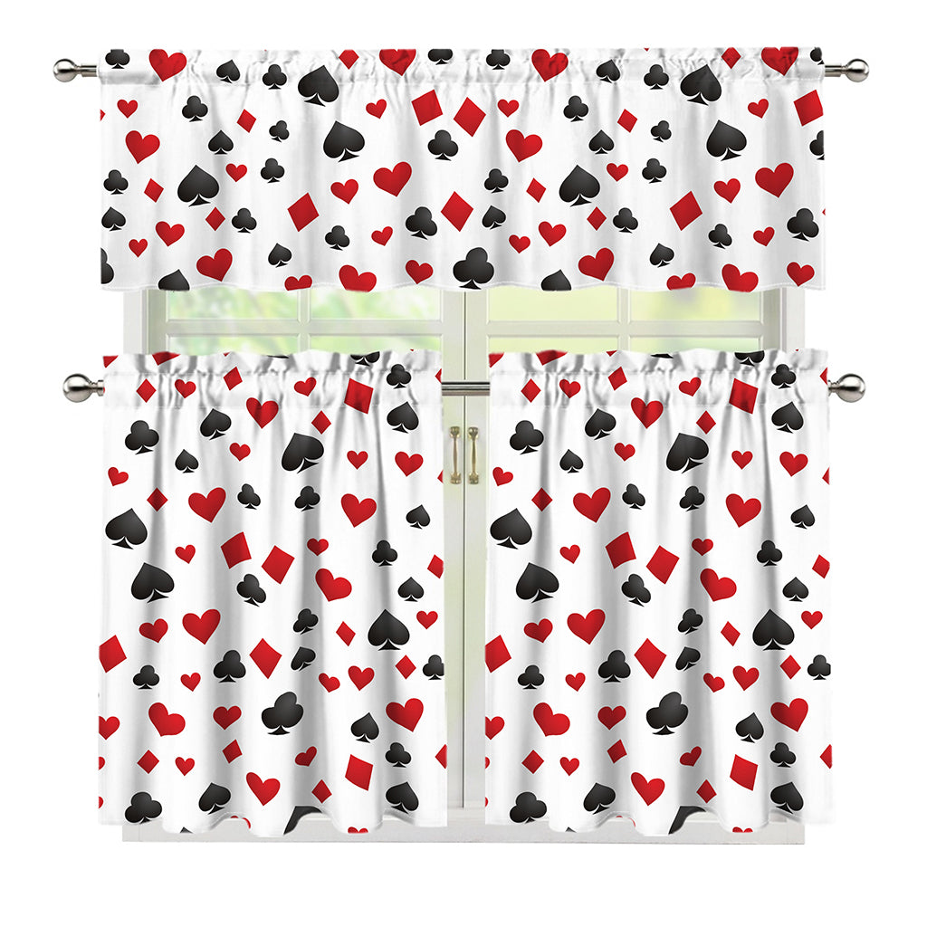 Red And Black Playing Card Suits Print 3 Piece Kitchen Curtains
