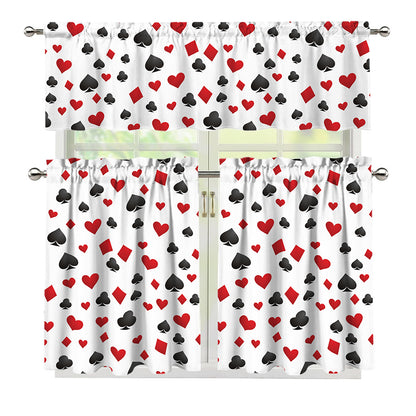 Red And Black Playing Card Suits Print 3 Piece Kitchen Curtains