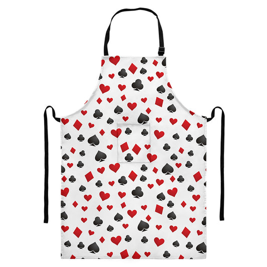 Red And Black Playing Card Suits Print Bib Apron With Pocket