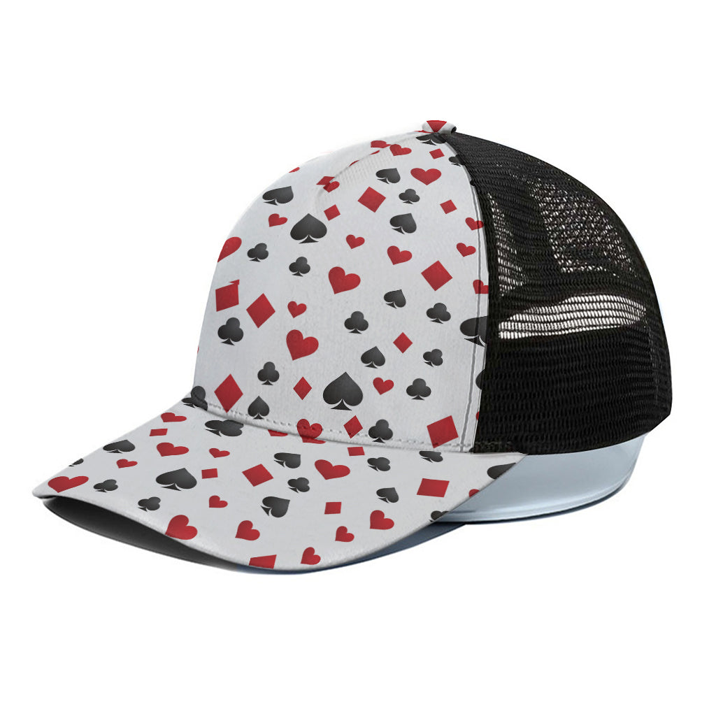 Red And Black Playing Card Suits Print Black Mesh Trucker Cap