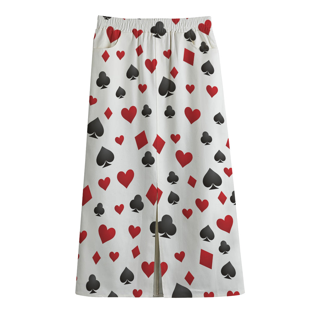 Red And Black Playing Card Suits Print Cotton Front Slit Maxi Skirt