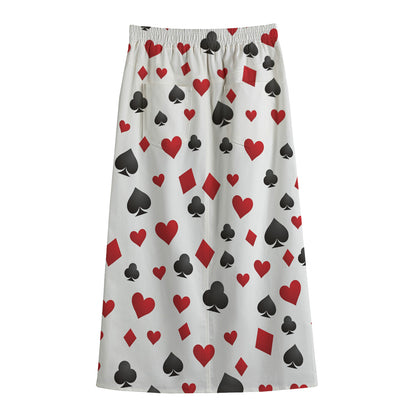 Red And Black Playing Card Suits Print Cotton Front Slit Maxi Skirt