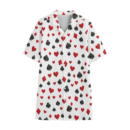 Red And Black Playing Card Suits Print Cotton Hawaiian Shirt