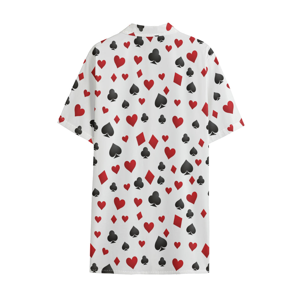 Red And Black Playing Card Suits Print Cotton Hawaiian Shirt