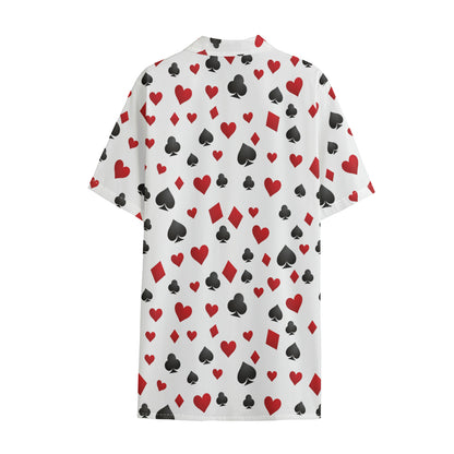 Red And Black Playing Card Suits Print Cotton Hawaiian Shirt