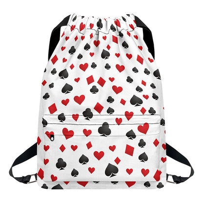 Red And Black Playing Card Suits Print Drawstring Backpack