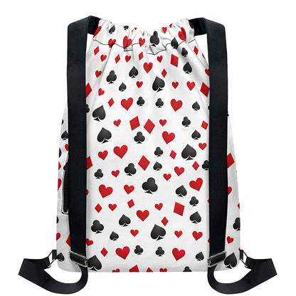 Red And Black Playing Card Suits Print Drawstring Backpack