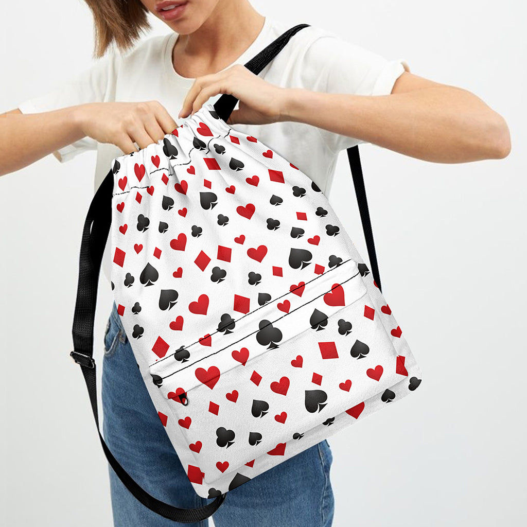 Red And Black Playing Card Suits Print Drawstring Backpack