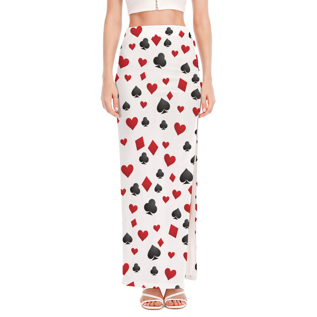 Red And Black Playing Card Suits Print High Slit Maxi Skirt