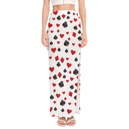 Red And Black Playing Card Suits Print High Slit Maxi Skirt
