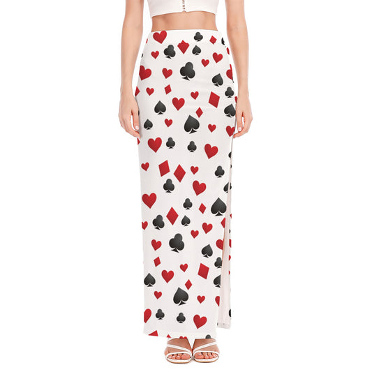 Red And Black Playing Card Suits Print High Slit Maxi Skirt