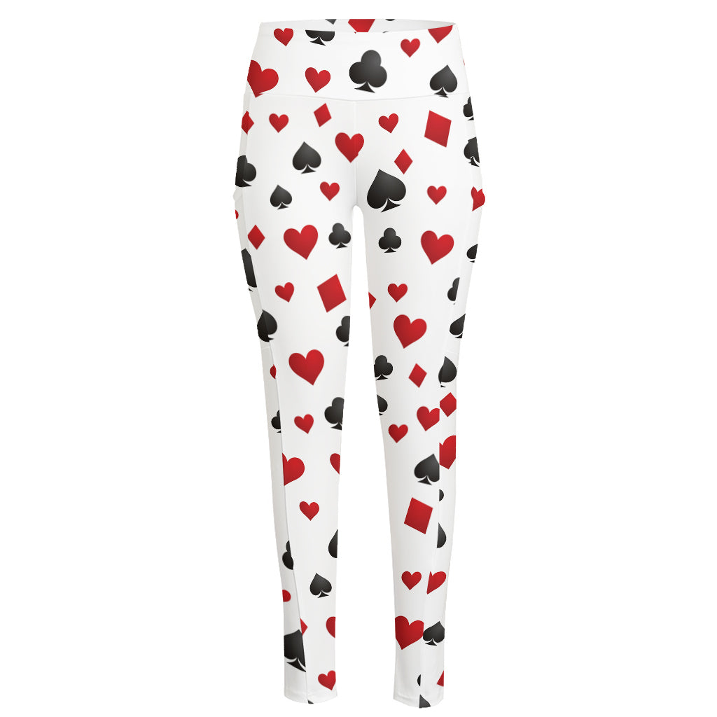 Red And Black Playing Card Suits Print High-Waisted Pocket Leggings