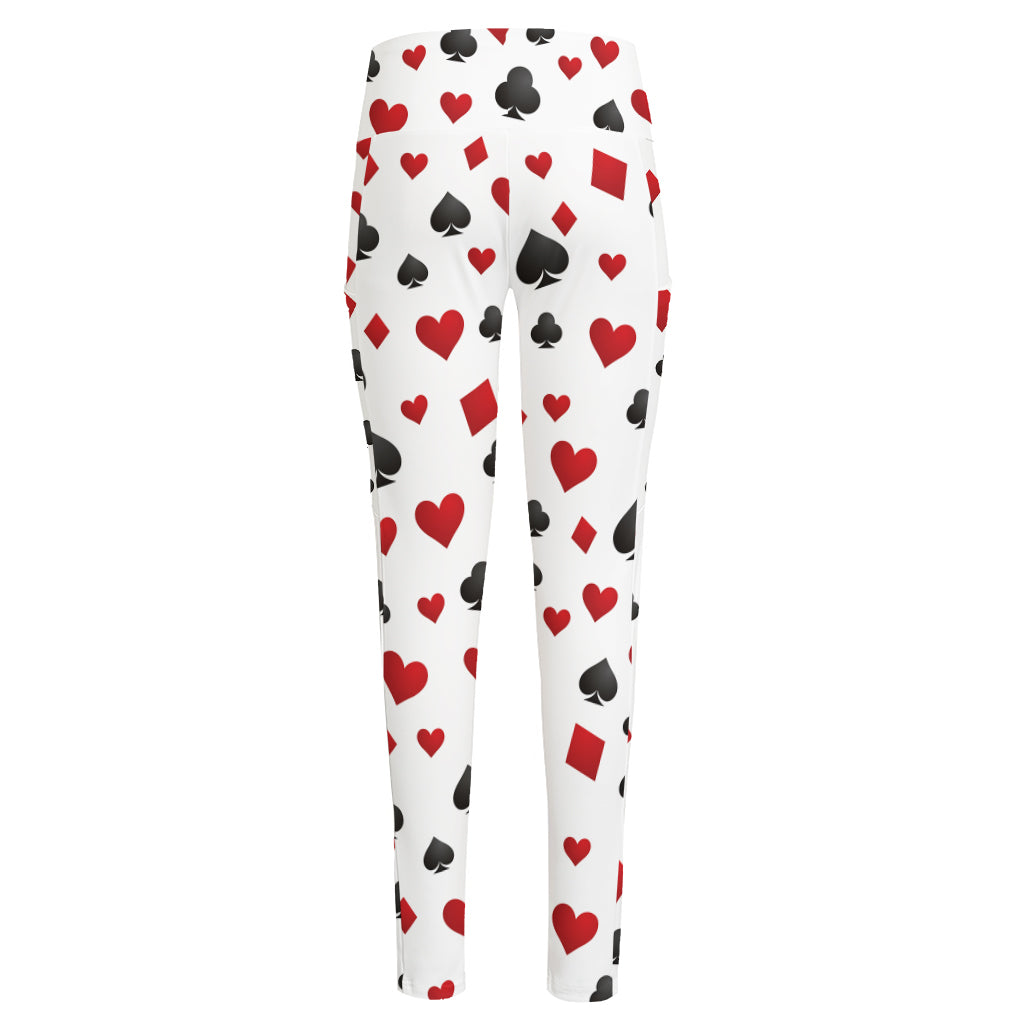 Red And Black Playing Card Suits Print High-Waisted Pocket Leggings