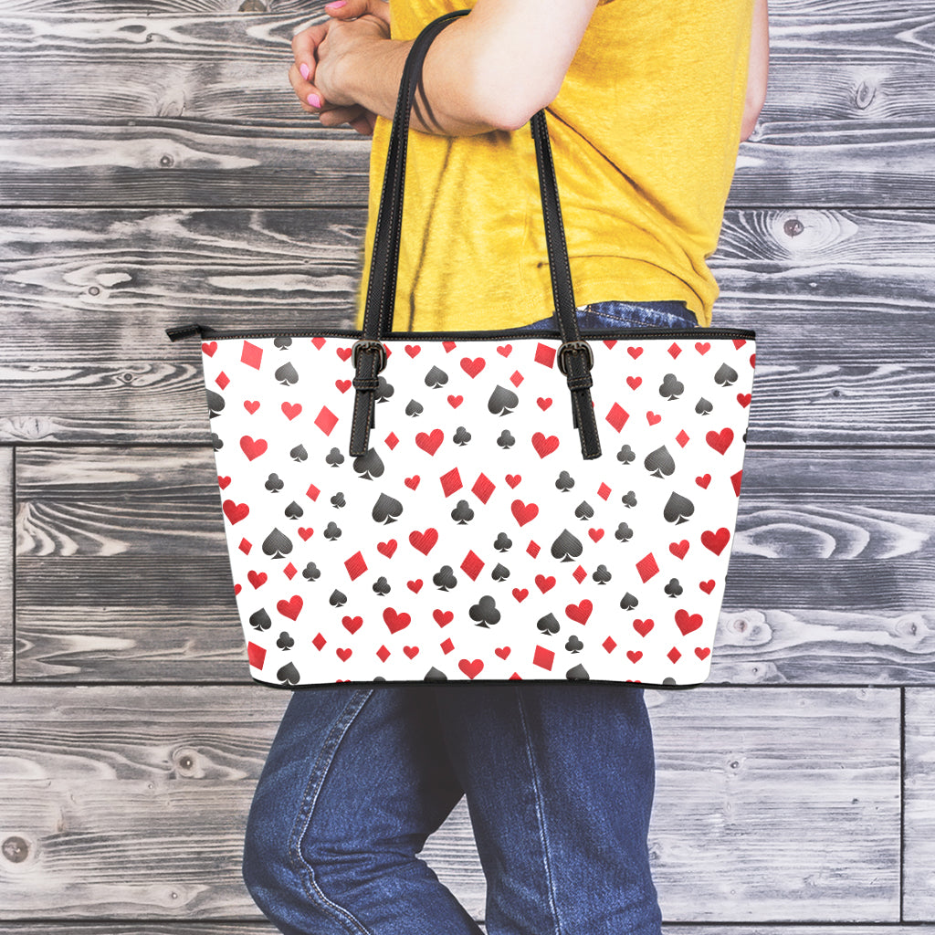 Red And Black Playing Card Suits Print Leather Tote Bag