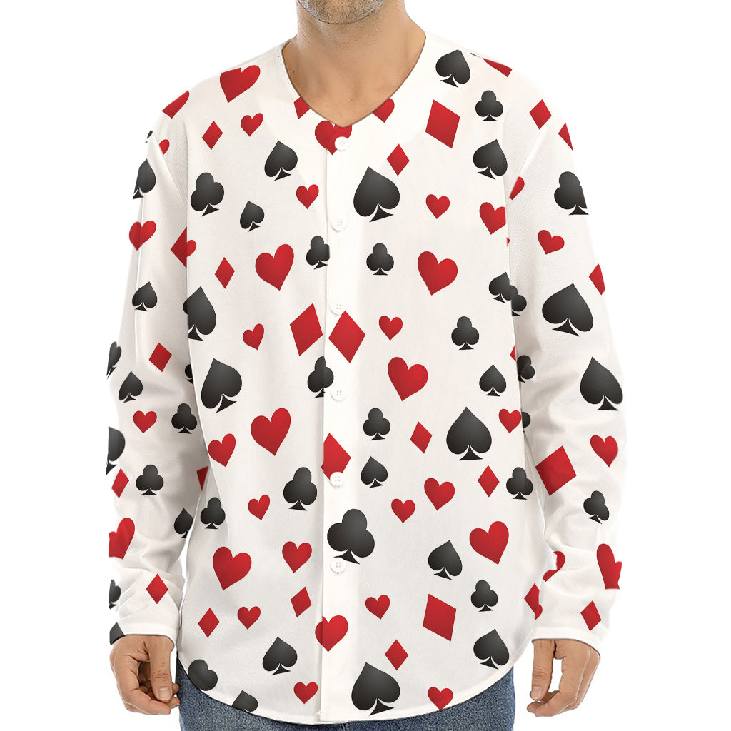 Red And Black Playing Card Suits Print Long Sleeve Baseball Jersey