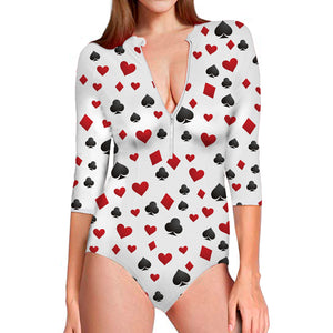 Red And Black Playing Card Suits Print Long Sleeve Swimsuit