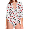 Red And Black Playing Card Suits Print Long Sleeve Swimsuit