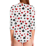 Red And Black Playing Card Suits Print Long Sleeve Swimsuit