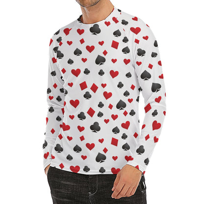 Red And Black Playing Card Suits Print Men's Long Sleeve Rash Guard