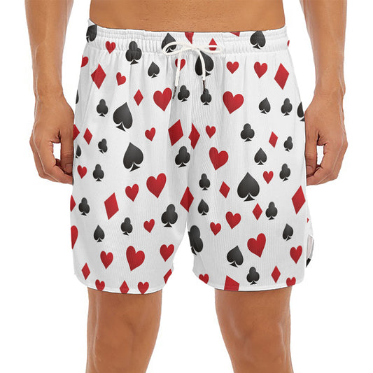 Red And Black Playing Card Suits Print Men's Split Running Shorts