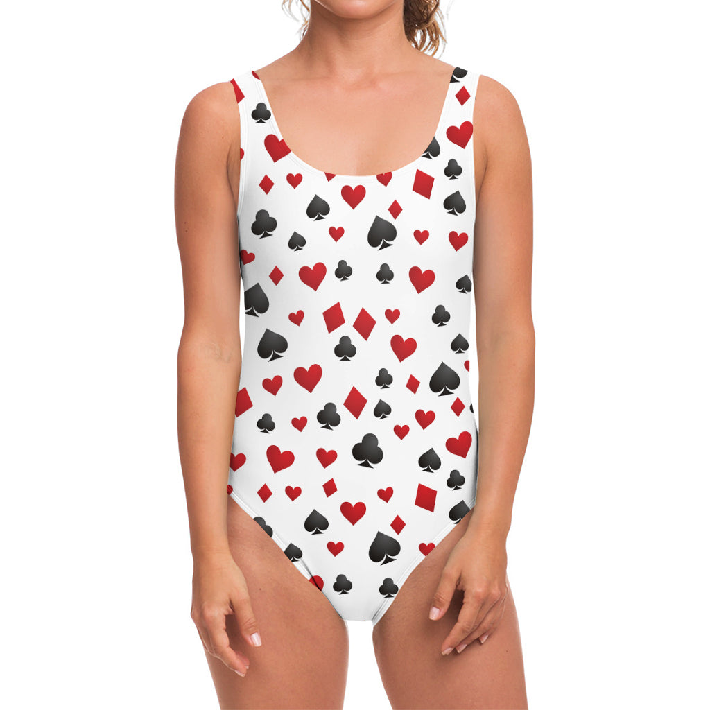 Red And Black Playing Card Suits Print One Piece Swimsuit