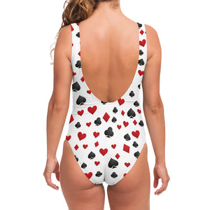 Red And Black Playing Card Suits Print One Piece Swimsuit