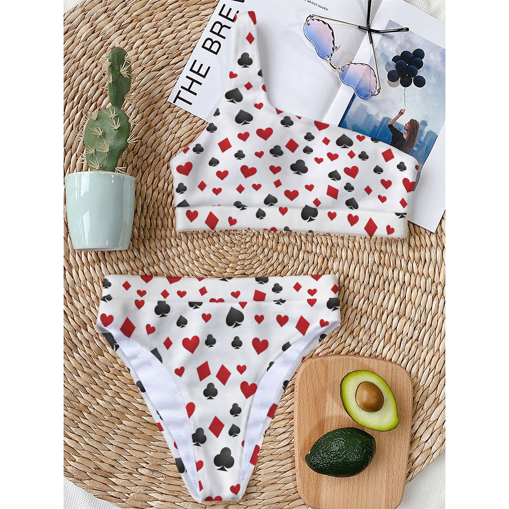 Red And Black Playing Card Suits Print One Shoulder Bikini Top