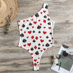 Red And Black Playing Card Suits Print One Shoulder Bodysuit