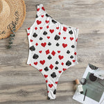 Red And Black Playing Card Suits Print One Shoulder Bodysuit