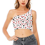 Red And Black Playing Card Suits Print One Shoulder Crop Top