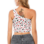Red And Black Playing Card Suits Print One Shoulder Crop Top