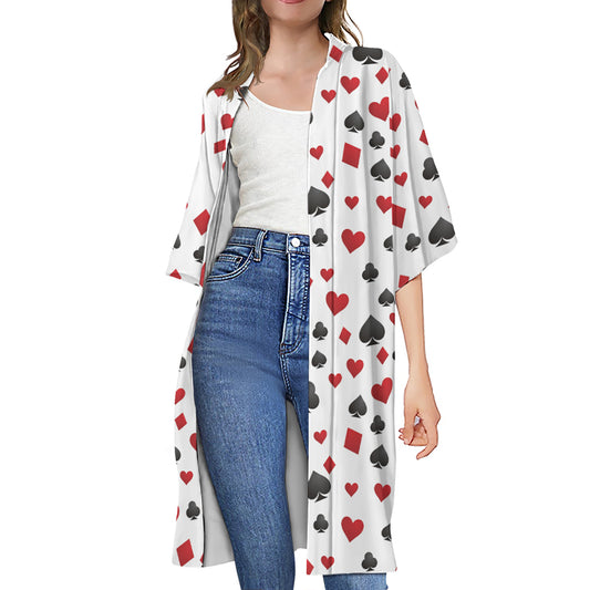 Red And Black Playing Card Suits Print Open Front Beach Cover Up