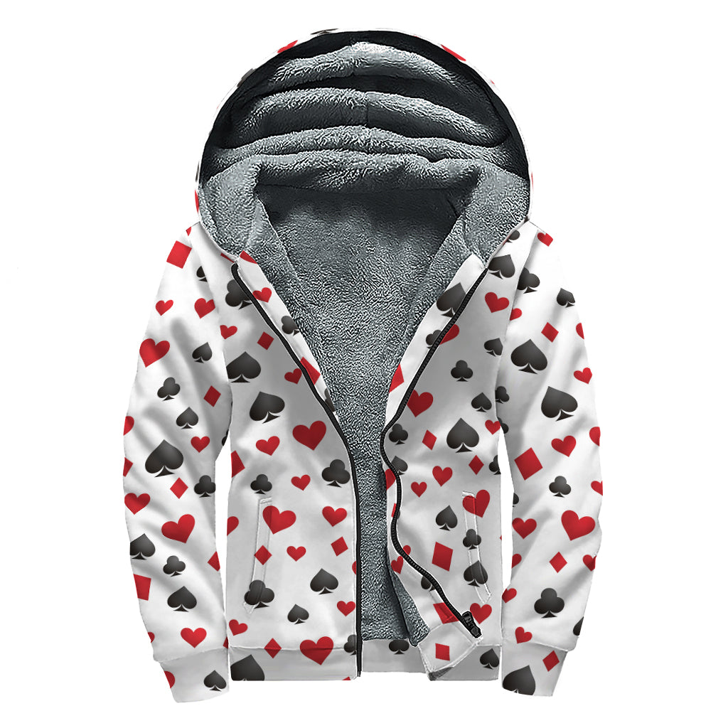 Red And Black Playing Card Suits Print Sherpa Lined Zip Up Hoodie