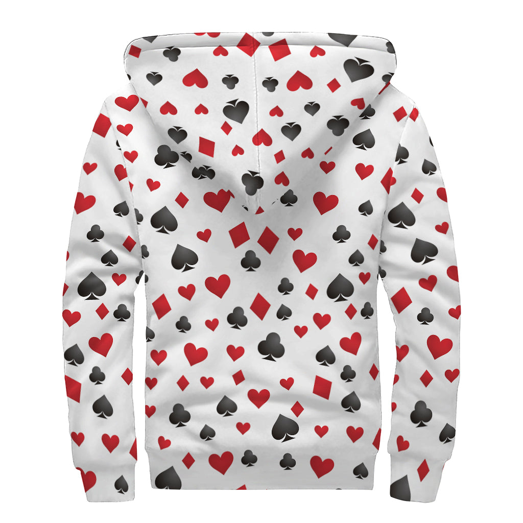 Red And Black Playing Card Suits Print Sherpa Lined Zip Up Hoodie