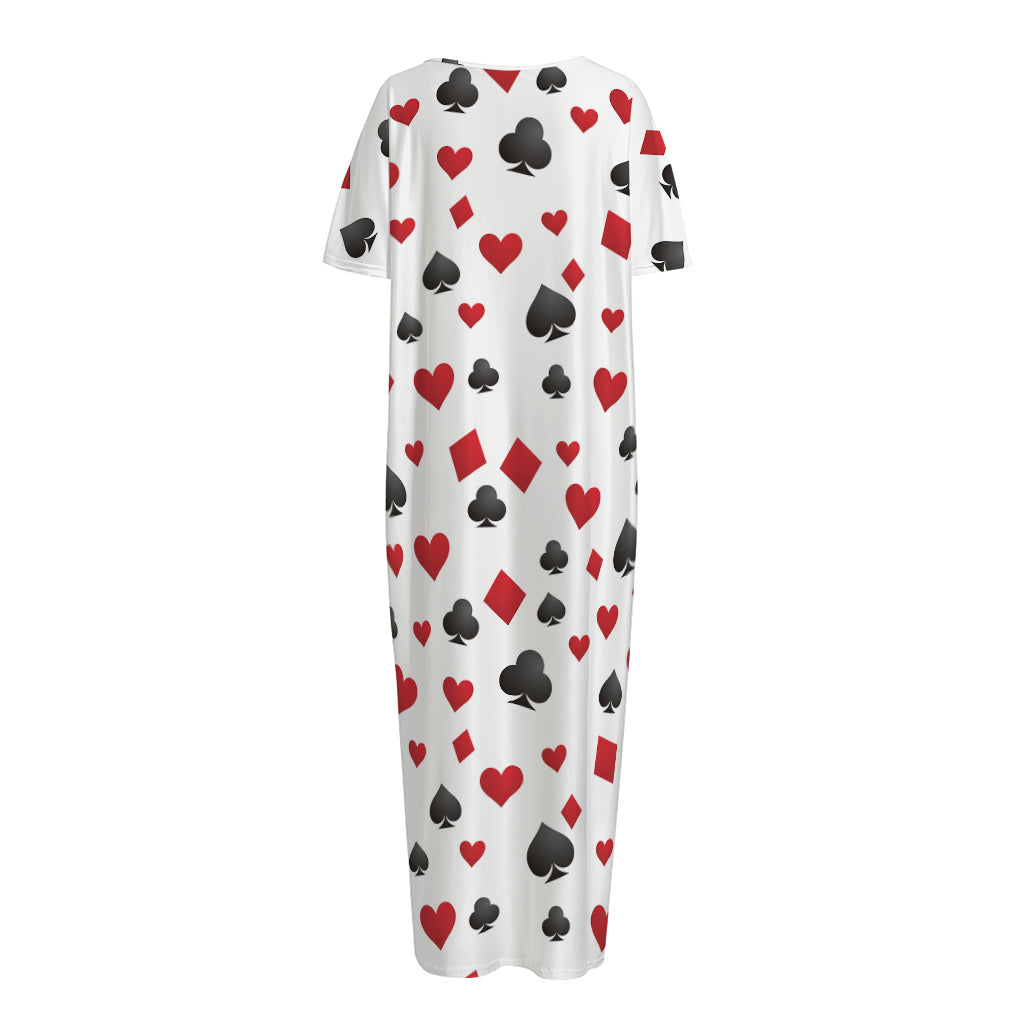 Red And Black Playing Card Suits Print Short Sleeve Long Nightdress
