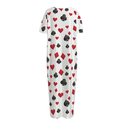 Red And Black Playing Card Suits Print Short Sleeve Long Nightdress