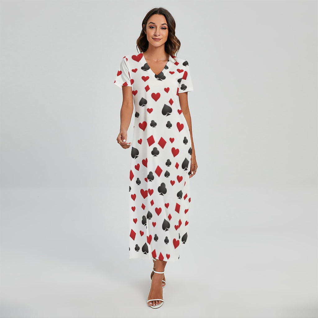 Red And Black Playing Card Suits Print Short Sleeve Maxi Dress