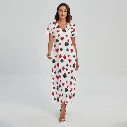 Red And Black Playing Card Suits Print Short Sleeve Maxi Dress