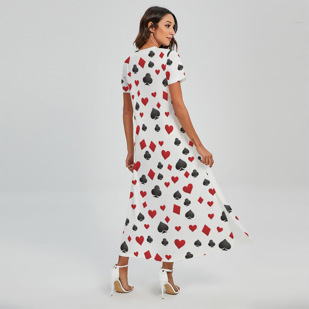 Red And Black Playing Card Suits Print Short Sleeve Maxi Dress