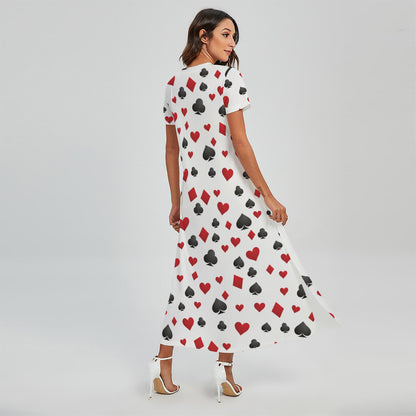 Red And Black Playing Card Suits Print Short Sleeve Maxi Dress
