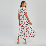Red And Black Playing Card Suits Print Short Sleeve Maxi Dress